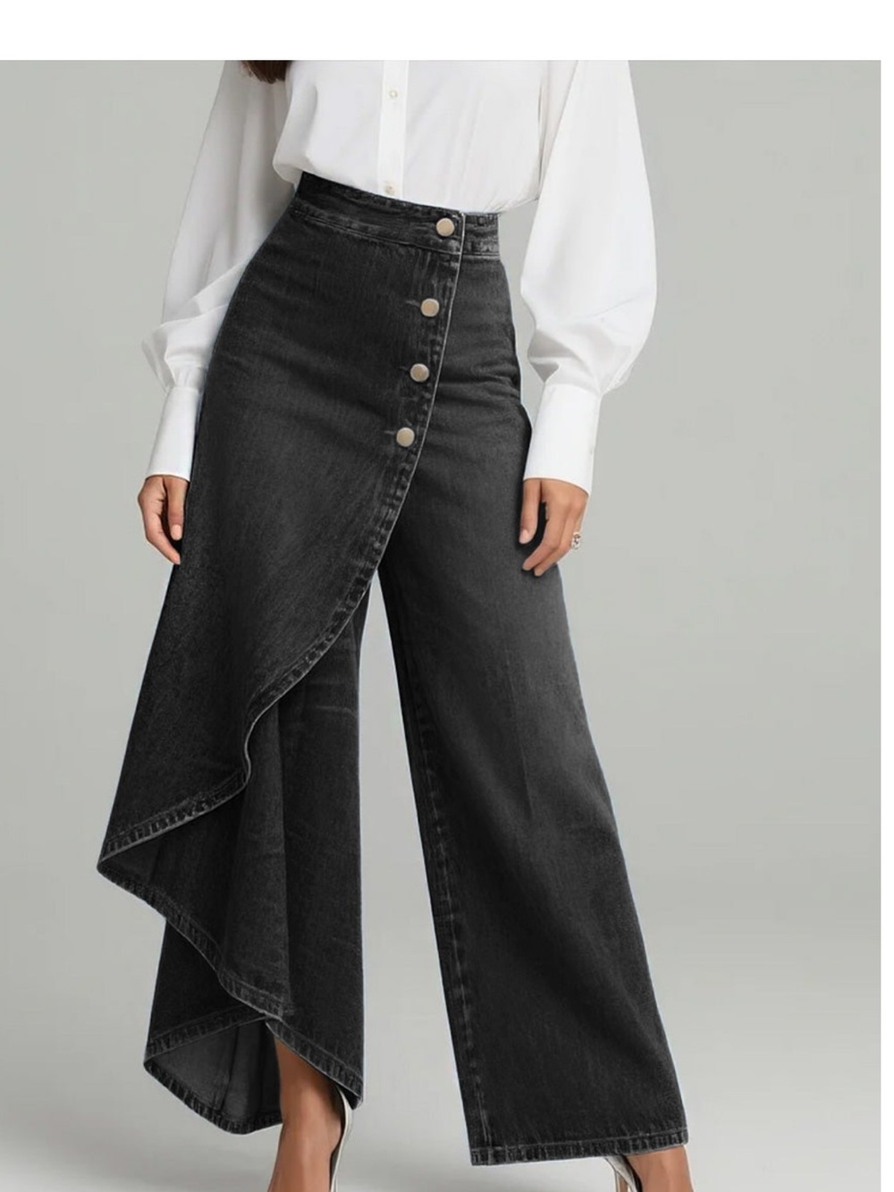 Asymmetrical Black Denim Wide-Leg Skirt-Pant